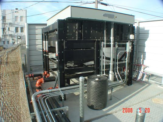 Standby-emergency diesel generator low noise remote radiator installation -note the flexes on all pipes and conduits.